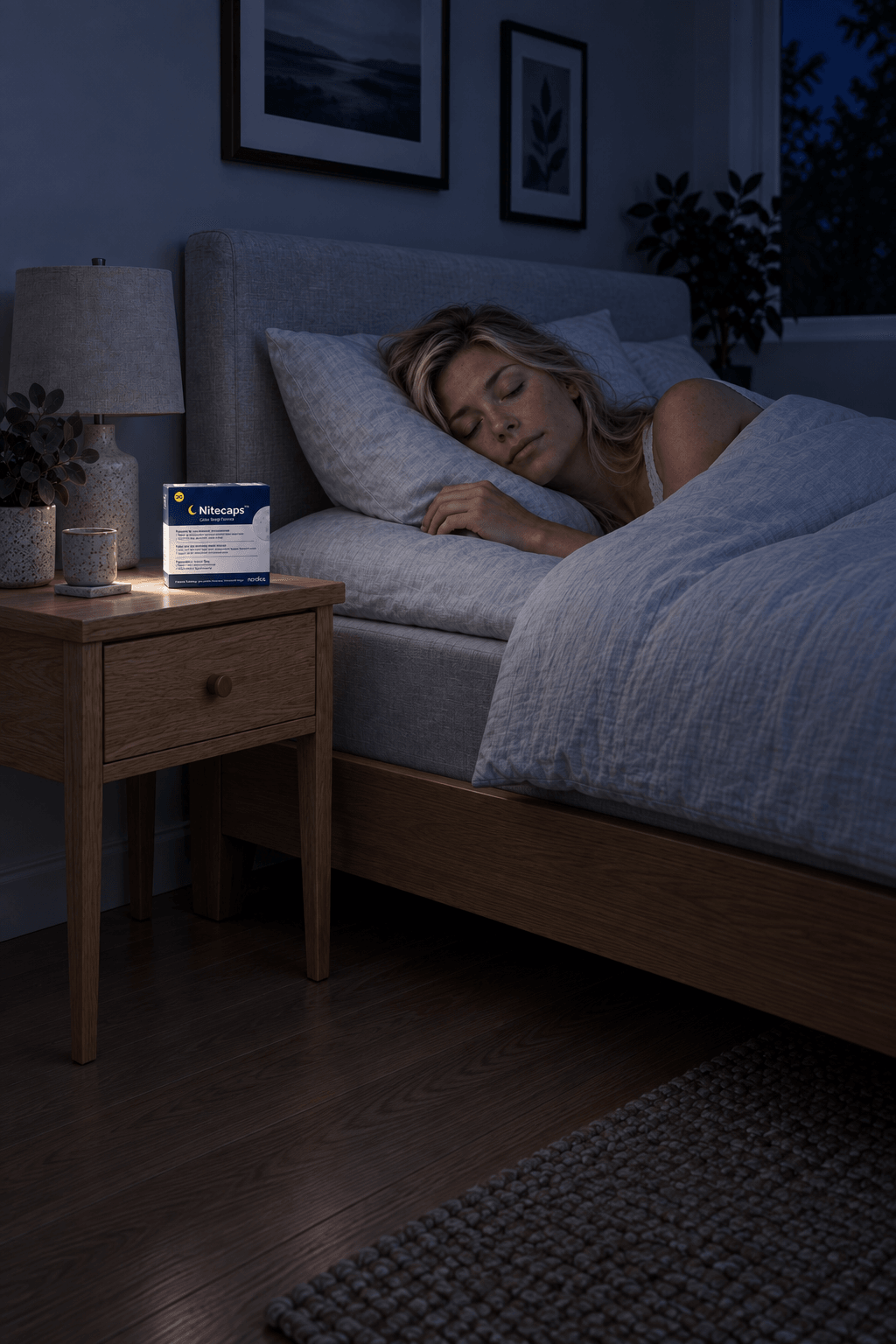 Kvinna som sover lugnt med NiteCaps på nattduksbordet